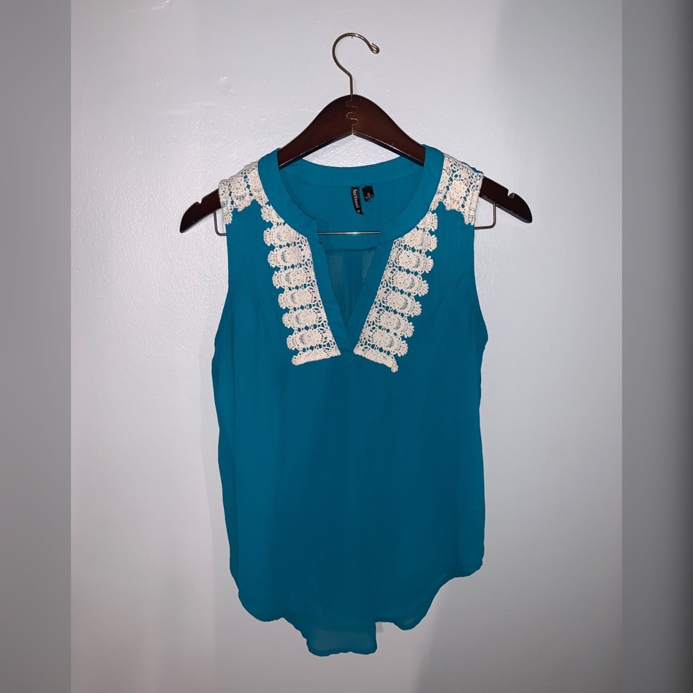 Blue with white lace top